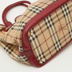 Pre Owned Burberry Red./Beige Haymarket Check Canvas and Leather Medium Golderton Tote