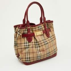 Pre Owned Burberry Red./Beige Haymarket Check Canvas and Leather Medium Golderton Tote