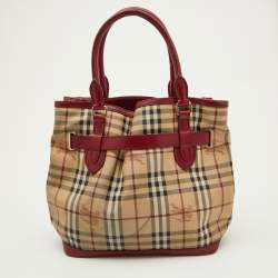 Pre Owned Burberry Red./Beige Haymarket Check Canvas and Leather Medium Golderton Tote