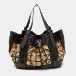 Pre Owned Burberry Beige/Black Nova Check Coated Canvas and Patent Leather Warrior Tote