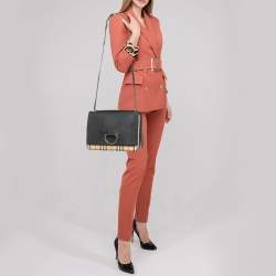 Pre Owned Burberry Black/Beige House Check Fabric and Leather D Ring Shoulder Bag