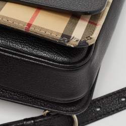 Pre Owned Burberry Black/Beige House Check Fabric and Leather D Ring Shoulder Bag