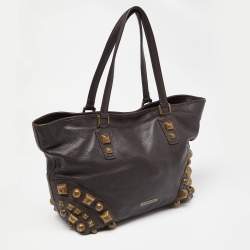 Pre Owned Burberry Brown Studded Leather Shopper Tote