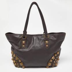 Pre Owned Burberry Brown Studded Leather Shopper Tote