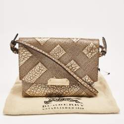 Pre Owned Burberry Gold Embossed Check Leather Flap Crossbody Bag