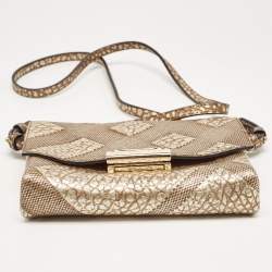 Pre Owned Burberry Gold Embossed Check Leather Flap Crossbody Bag