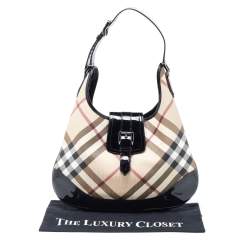 Pre Owned Burberry Beige/Black Nova Check PVC and Patent Leather Brooke Hobo