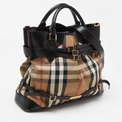 Pre Owned Burberry Black House Check Canvas and Leather Large Bridle Lynher Tote