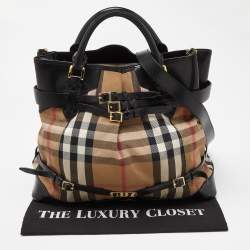 Pre Owned Burberry Black House Check Canvas and Leather Large Bridle Lynher Tote