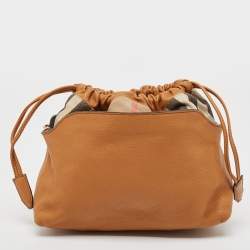 Pre Owned Burberry Tan Leather and House Check Fabric Little Crush Crossbody Bag