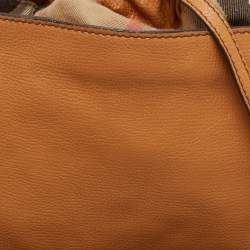 Pre Owned Burberry Tan Leather and House Check Fabric Little Crush Crossbody Bag