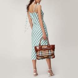 Pre Owned Burberry Brown House Check Fabric and Leather Medium Bridle Lynher Tote