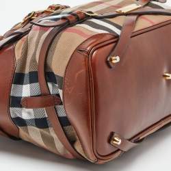 Pre Owned Burberry Brown House Check Fabric and Leather Medium Bridle Lynher Tote