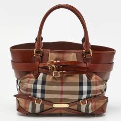 Pre Owned Burberry Brown House Check Fabric and Leather Medium Bridle Lynher Tote