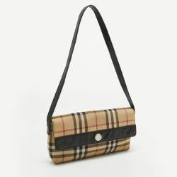 Pre Owned Burberry Cream/Black House Check Coated Canvas and Leather Baguette Bag