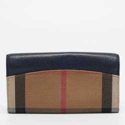 Pre Owned Burberry Navy Blue/Beige House Check Canvas and Leather Flap Continental Wallet