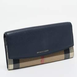 Pre Owned Burberry Navy Blue/Beige House Check Canvas and Leather Flap Continental Wallet