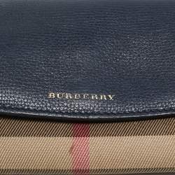 Pre Owned Burberry Navy Blue/Beige House Check Canvas and Leather Flap Continental Wallet