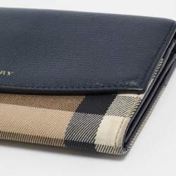 Pre Owned Burberry Navy Blue/Beige House Check Canvas and Leather Flap Continental Wallet