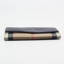Pre Owned Burberry Navy Blue/Beige House Check Canvas and Leather Flap Continental Wallet