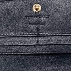 Pre Owned Burberry Navy Blue/Beige House Check Canvas and Leather Flap Continental Wallet