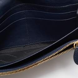 Pre Owned Burberry Navy Blue/Beige House Check Canvas and Leather Flap Continental Wallet