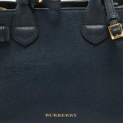 Pre Owned Burberry Navy Blue/Beige House Check Canvas and Leather Mini Banner Tote