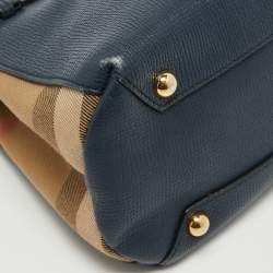 Pre Owned Burberry Navy Blue/Beige House Check Canvas and Leather Mini Banner Tote
