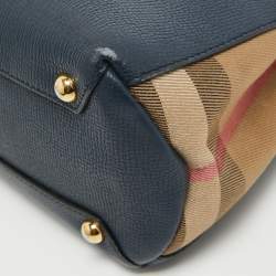 Pre Owned Burberry Navy Blue/Beige House Check Canvas and Leather Mini Banner Tote