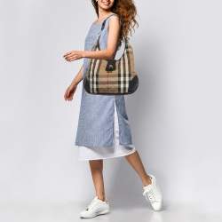 Pre Owned Burberry Beige/Black Quilted House Check Canvas and Leather Brooke Hobo