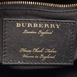 Pre Owned Burberry Navy Blue/Beige Leather and House Check Fabric Mini Banner Tote