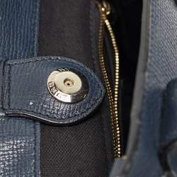 Pre Owned Burberry Navy Blue/Beige Leather and House Check Fabric Mini Banner Tote