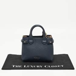 Pre Owned Burberry Navy Blue/Beige Leather and House Check Fabric Mini Banner Tote
