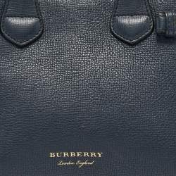 Pre Owned Burberry Navy Blue/Beige Leather and House Check Fabric Mini Banner Tote