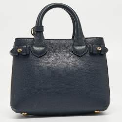 Pre Owned Burberry Navy Blue/Beige Leather and House Check Fabric Mini Banner Tote