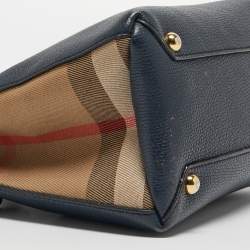 Pre Owned Burberry Navy Blue/Beige Leather and House Check Fabric Mini Banner Tote