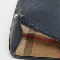 Pre Owned Burberry Navy Blue/Beige Leather and House Check Fabric Mini Banner Tote