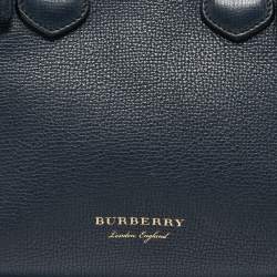 Pre Owned Burberry Navy Blue/Beige Leather and House Check Fabric Mini Banner Tote