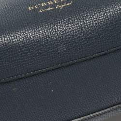 Pre Owned Burberry Navy Blue/Beige Leather and House Check Fabric Mini Banner Tote