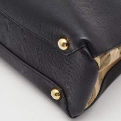 Burberry Black/Beige Leather and House Check Fabric Small Banner Tote