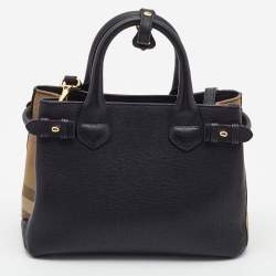 Burberry Black/Beige Leather and House Check Fabric Small Banner Tote
