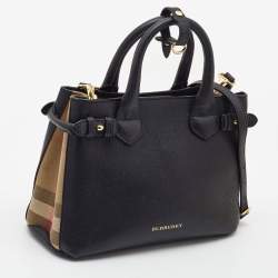 Burberry Black/Beige Leather and House Check Fabric Small Banner Tote