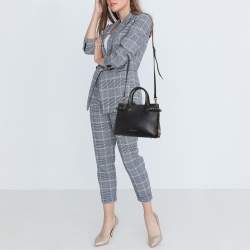Burberry Black/Beige Leather and House Check Fabric Small Banner Tote