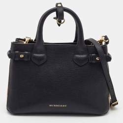 Burberry Black/Beige Leather and House Check Fabric Small Banner Tote