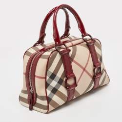 Pre Owned Burberry Burgundy/Beige Nova Check Coated Canvas and Patent Leather Buckle Satchel