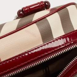 Pre Owned Burberry Burgundy/Beige Nova Check Coated Canvas and Patent Leather Buckle Satchel