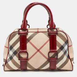 Pre Owned Burberry Burgundy/Beige Nova Check Coated Canvas and Patent Leather Buckle Satchel