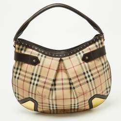 Pre Owned Burberry Dark Brown/Beige House Check PVC and Leather Studded Hartley Hobo