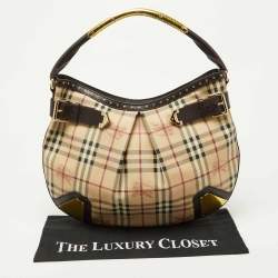 Burberry Dark Brown/Beige House Check PVC and Leather Studded Hartley Hobo