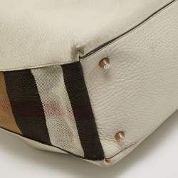 Pre Owned Burberry Off White Leather and House Check Canvas Maidstone Tote